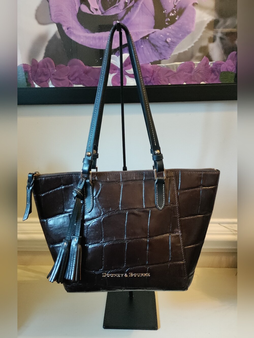 Dooney & Bourke Denison Croco Embossed Leather Tote Brown Tassel Shoulder Bag